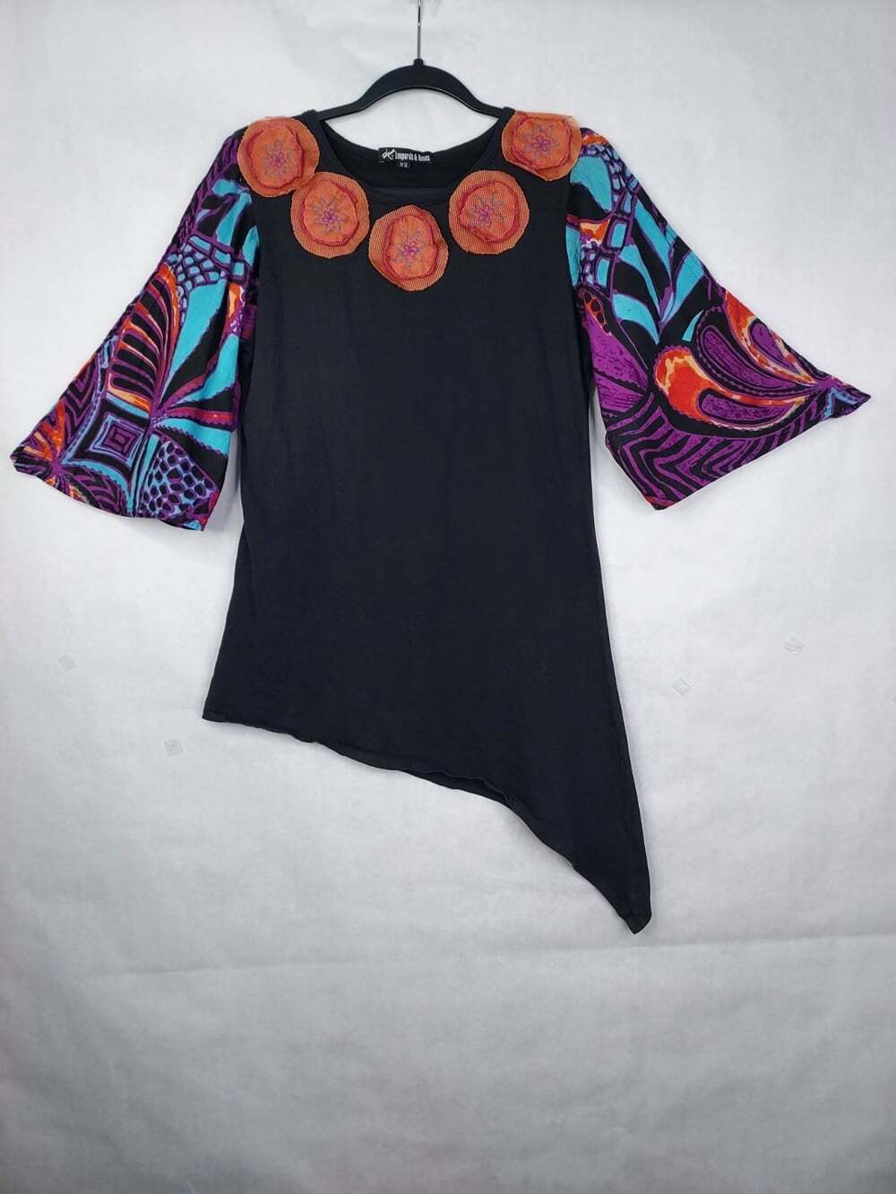 Leopards & Roses Tunic Top Women's XS Flare Cold Shoulder 3-D Floral Boho Hippie